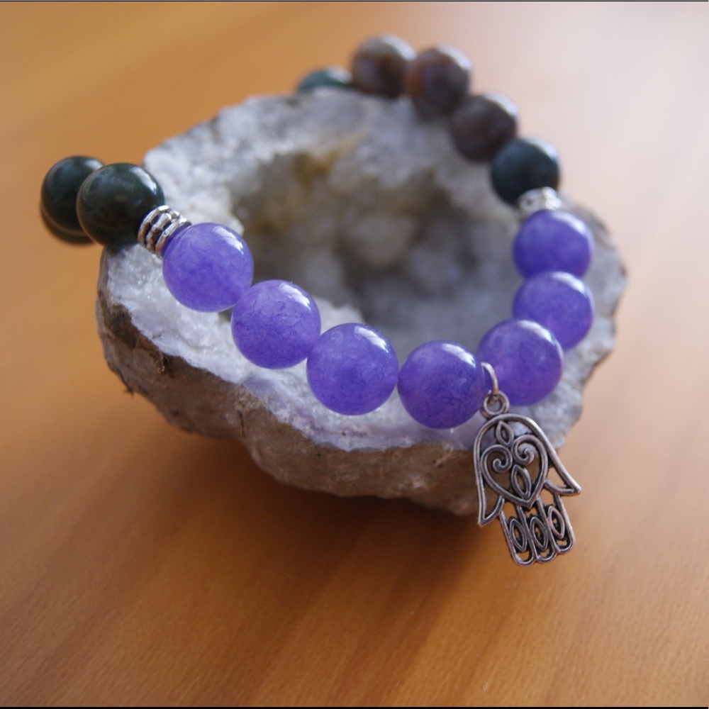 Lavender Quartz Crystal Hamsa Mala Bracelet